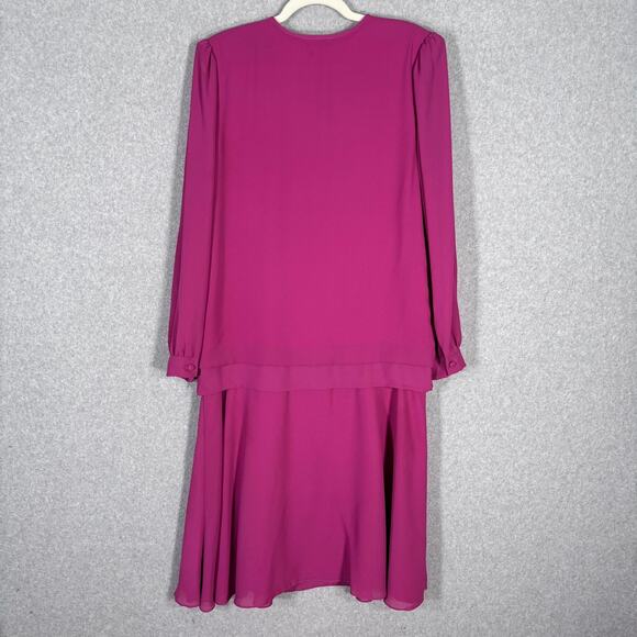 Vintage 80s Coco California Dress Medium Midi Pleated Drop Waist Bow Fuchsia USA - Picture 8 of 11